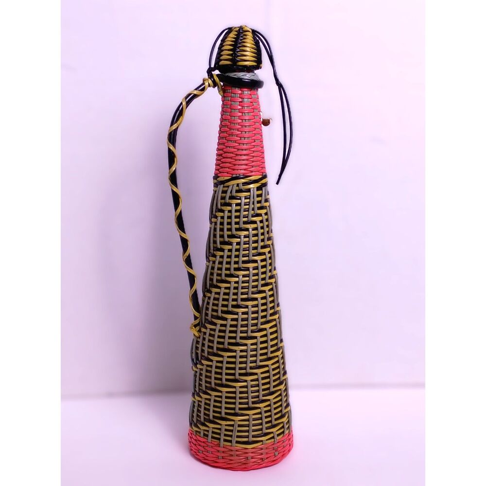 Vintage 60s Bohemian Wine Decanter Plastic Wicker Scoubidou Bottle Made in SPAIN